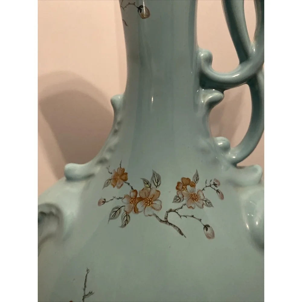 Vintage Art StudioPottery Vase Floral Hand Painted Dogwood Victorian‎ Style Teal